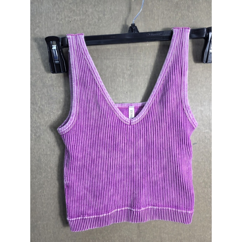 Zenana S/M Ribbed Velour Crop Tank Top Pink Purple Acid Wash Stretch